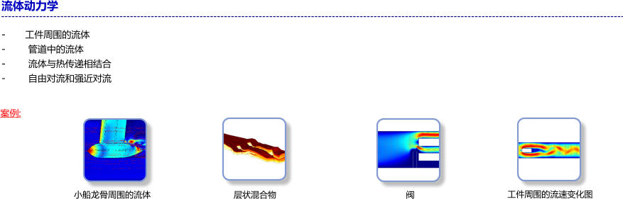 案例: 流体动力学  -      工件周围的流体 -	管道中的流体 -	流体与热传递相结合 -	自由对流和强近对流         工件周围的流速变化图 层状混合物		 小船龙骨周围的流体	 阀
