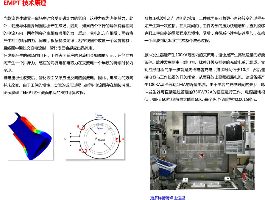 EMPT 技术原理 随着正弦波电流与时间的增加，工件截面积向着更小直径转变的过程开始产生第一次位移。在此期间内，工件内部的压力快速增加，直到能够克服工件自身的屈服强度及惯性。随后，直径减小速率快速增加，在第一个半波到达0点时完成整个成形过程。  脉冲发生器能产生100KA范围内的交流电，这也是产生高磁通量的必要条件。脉冲发生器由一组电容、脉冲开关及相关的充放电单元组成。实现成形过程的第一步就是先给电容充电，持续时间低于10秒，然后连接电容与工作线圈的开关闭合，从而释放出高频振荡电流。该设备能产生100KA甚至高达1MA的峰值电流。由于电容的充电时间的关系，脉冲发生器可直接通过普通的380V/32A的插座进行工作。电源能耗很低，如PS 60的系统(最大能量60KJ)每个脉冲仅耗费约0.0015欧元。                      更多详情请点击这里 当载流导体放置于磁场中时会受到磁场力的影响，这种力称为洛伦兹力。此外，载流导体自身周围也会产生磁场。因此，如果两个平行的导体有着相同的电流方向，两者间会产生相互吸引的力，反之，若电流方向相反，两者将产生相互排斥的力。同理，根据楞次定律，若在线圈中放置一个金属管材，且线圈中通过交变电流时，管材表面会感应出涡流电。  在线圈产生的磁场作用下，工件表面感应的涡流电会如图形所示，在径向方向产生一个排斥力。感应的涡流电和电磁力在交流电一个半波的持续时长内呈现。 当电流极性改变后，管材表面又感应出反向的涡流电。因此，电磁力的方向并未改变。由于工件的惯性，实际的成形过程与时间-电流图存在相位滞后。图示展现了EMPT试件截面形状的模拟计算过程。